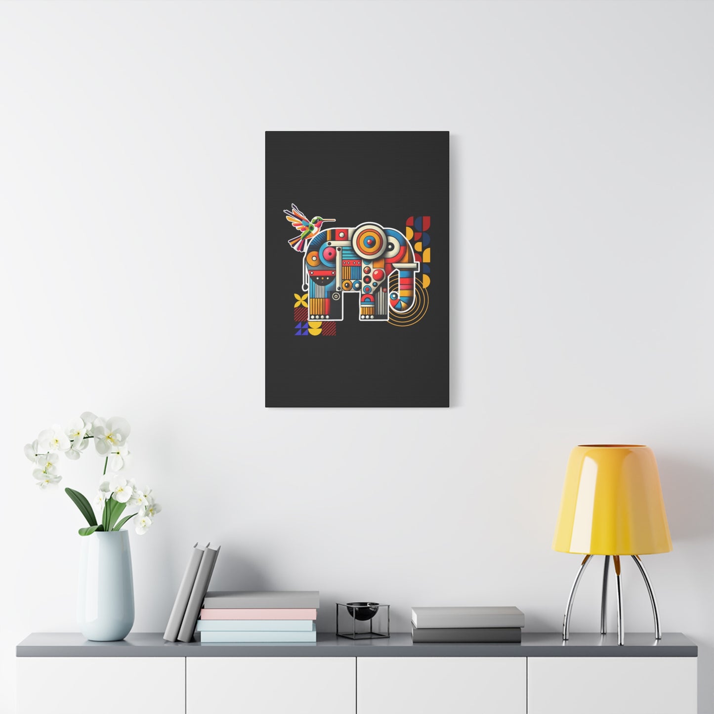 Canvas Art Print - Elephant and Hummingbird Bauhaus Style