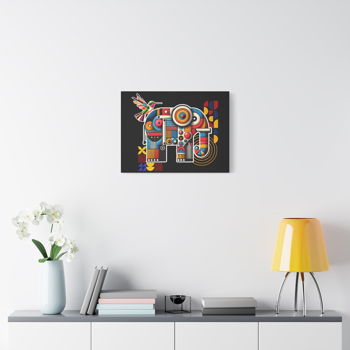 Canvas Art Print - Elephant and Hummingbird Bauhaus Style