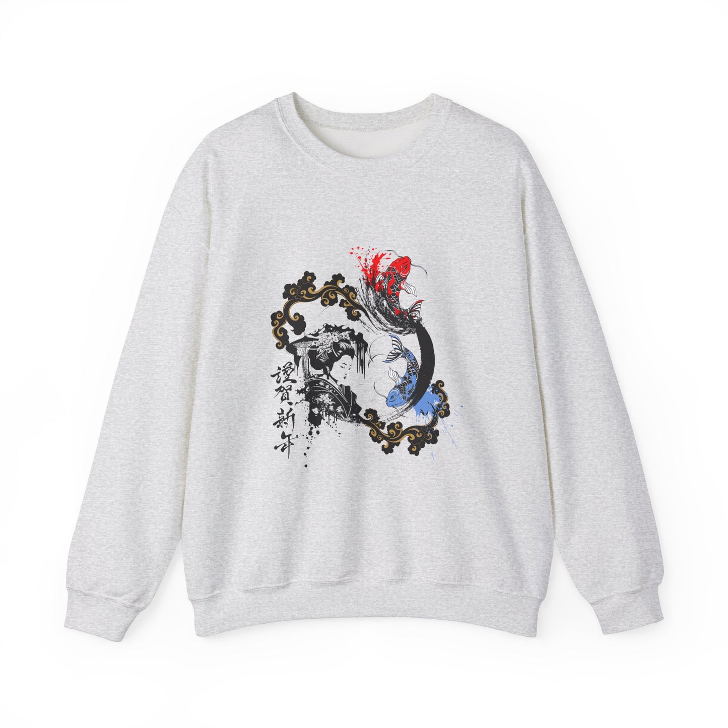 Japanese Ink Fusion: Striking Geisha and Koi Design - Unisex Crewneck Sweatshirt