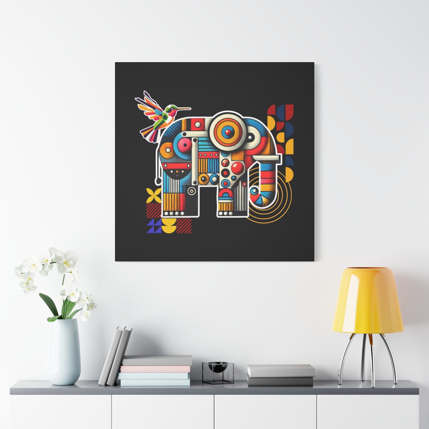 Canvas Art Print - Elephant and Hummingbird Bauhaus Style