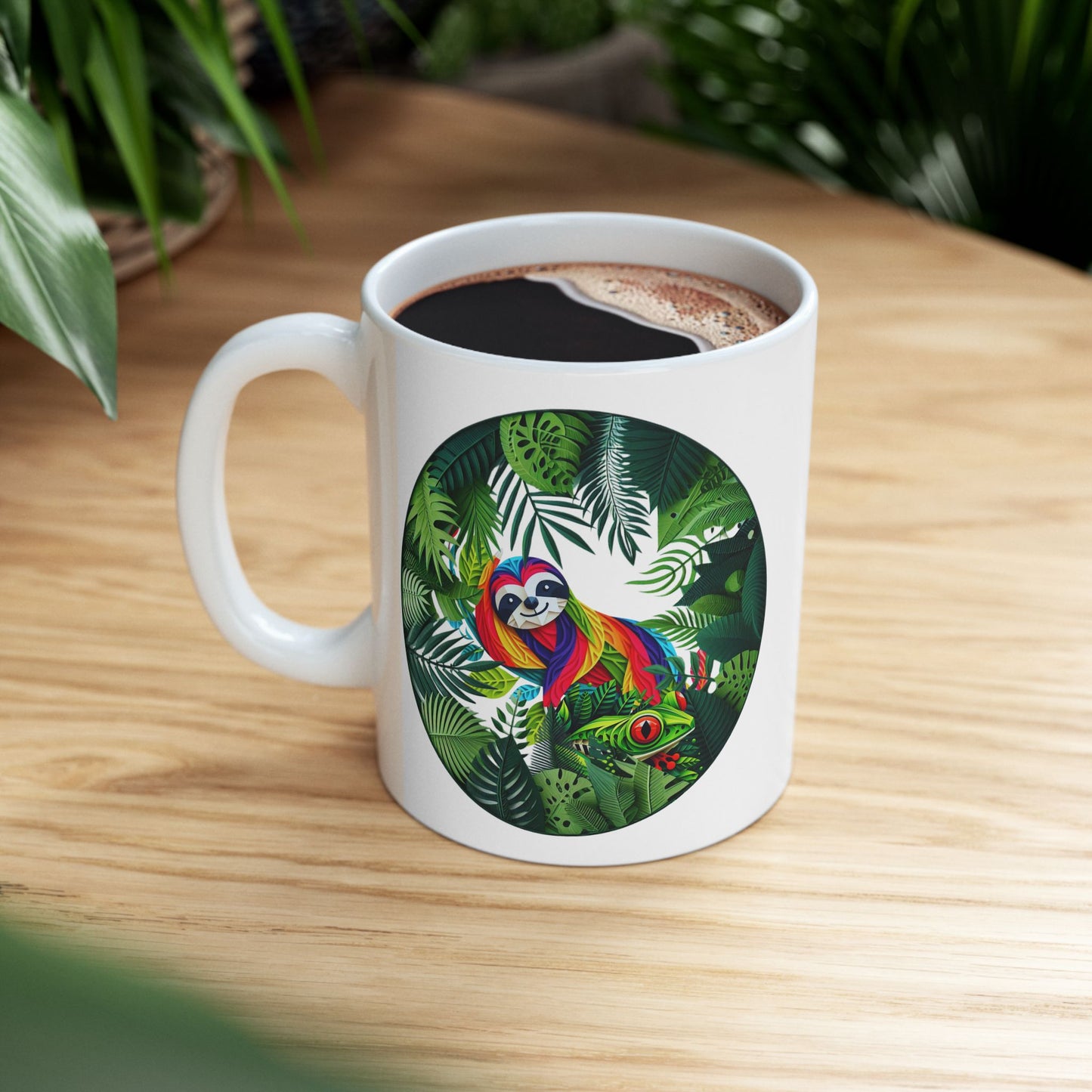 Sloth and Frog Tropical Vibes Ceramic Coffeemug – Unique Custom Mug