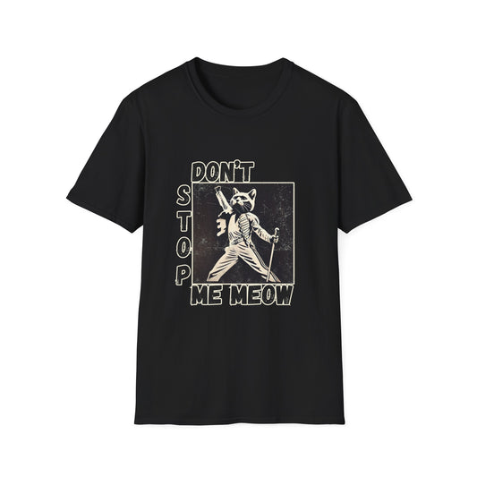 Funny Cat Rock-Inspired T-Shirt – "Don't Stop Me Meow" – Unisex Softstyle Tee for Cat Lovers