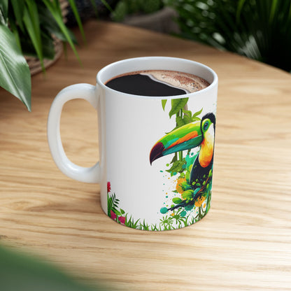 Tropical Nature Ceramic Mug – Vibrant Tropical Vibes with Colorful Toucan & Morpho Butterfly