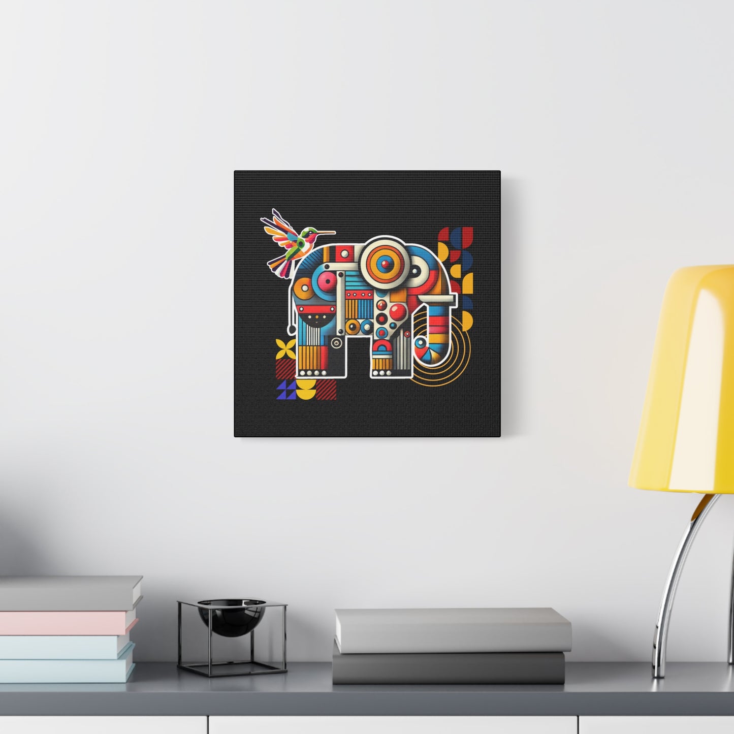 Canvas Art Print - Elephant and Hummingbird Bauhaus Style