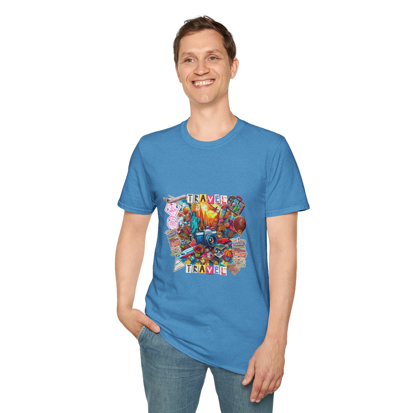 Travel Explosion Collage Unisex Softstyle T-Shirt - Adventure Awaits