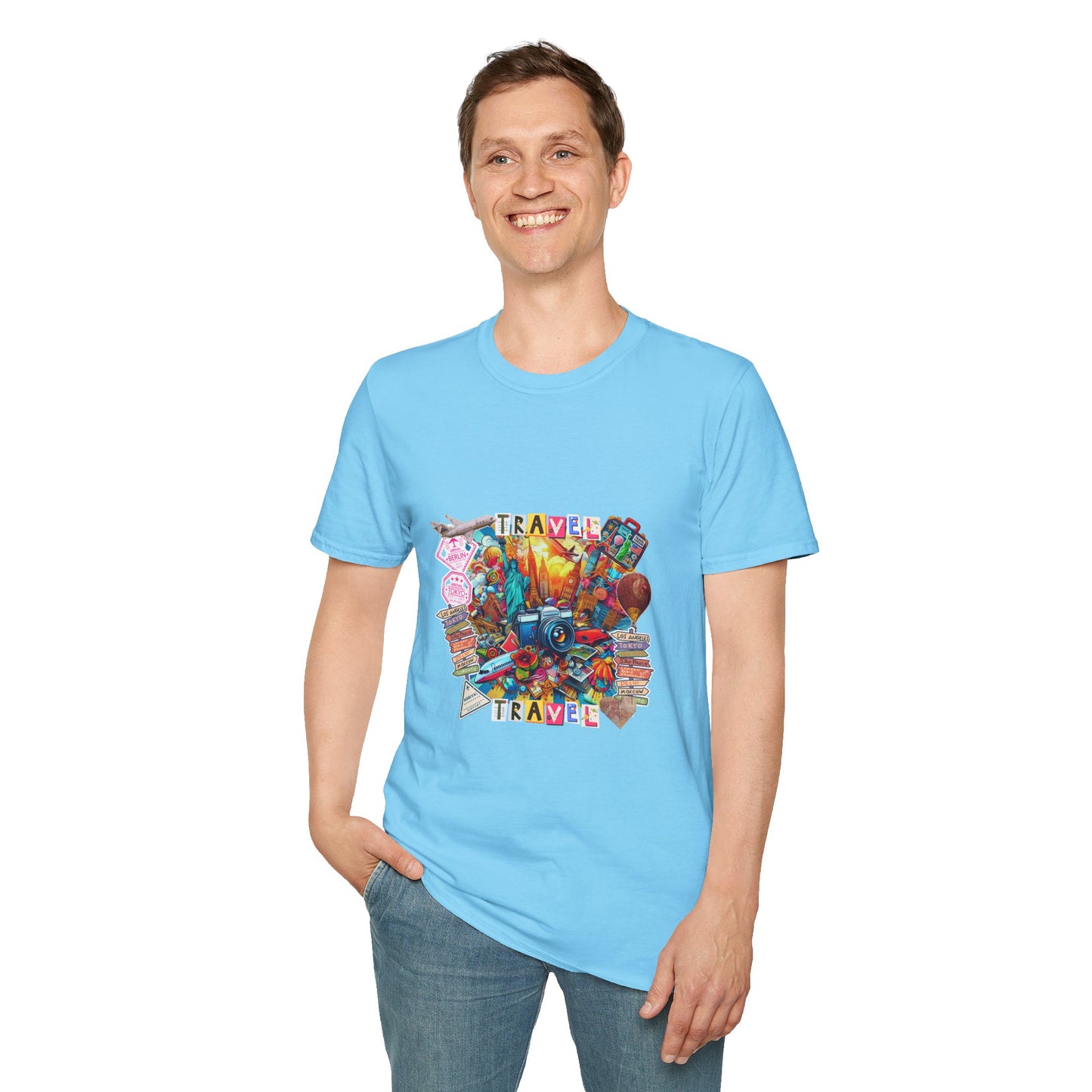 Travel Explosion Collage Unisex Softstyle T-Shirt - Adventure Awaits