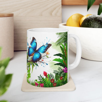 Tropical Nature Ceramic Mug – Vibrant Tropical Vibes with Colorful Toucan & Morpho Butterfly