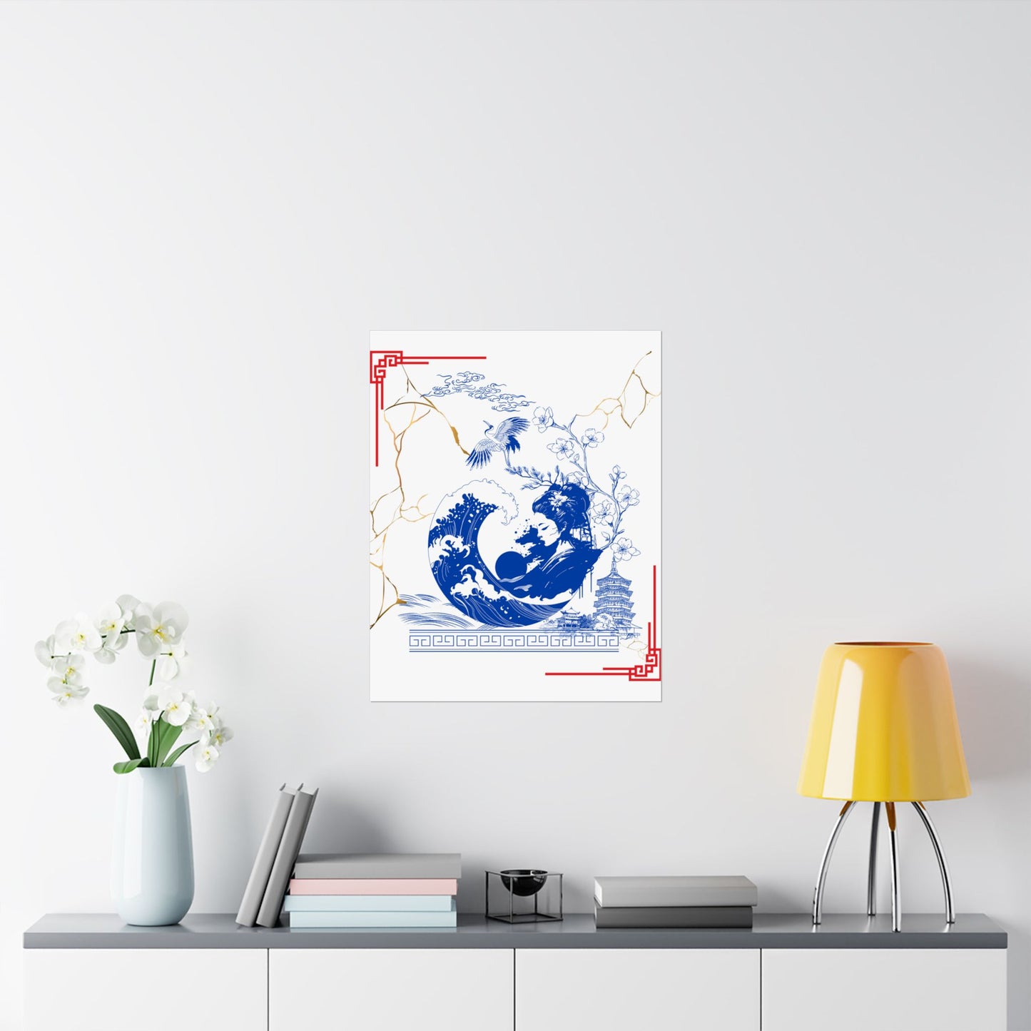 Custom Japanese Culture Wall Poster – Traditional Blue & White Ceramic Kintsugi Design