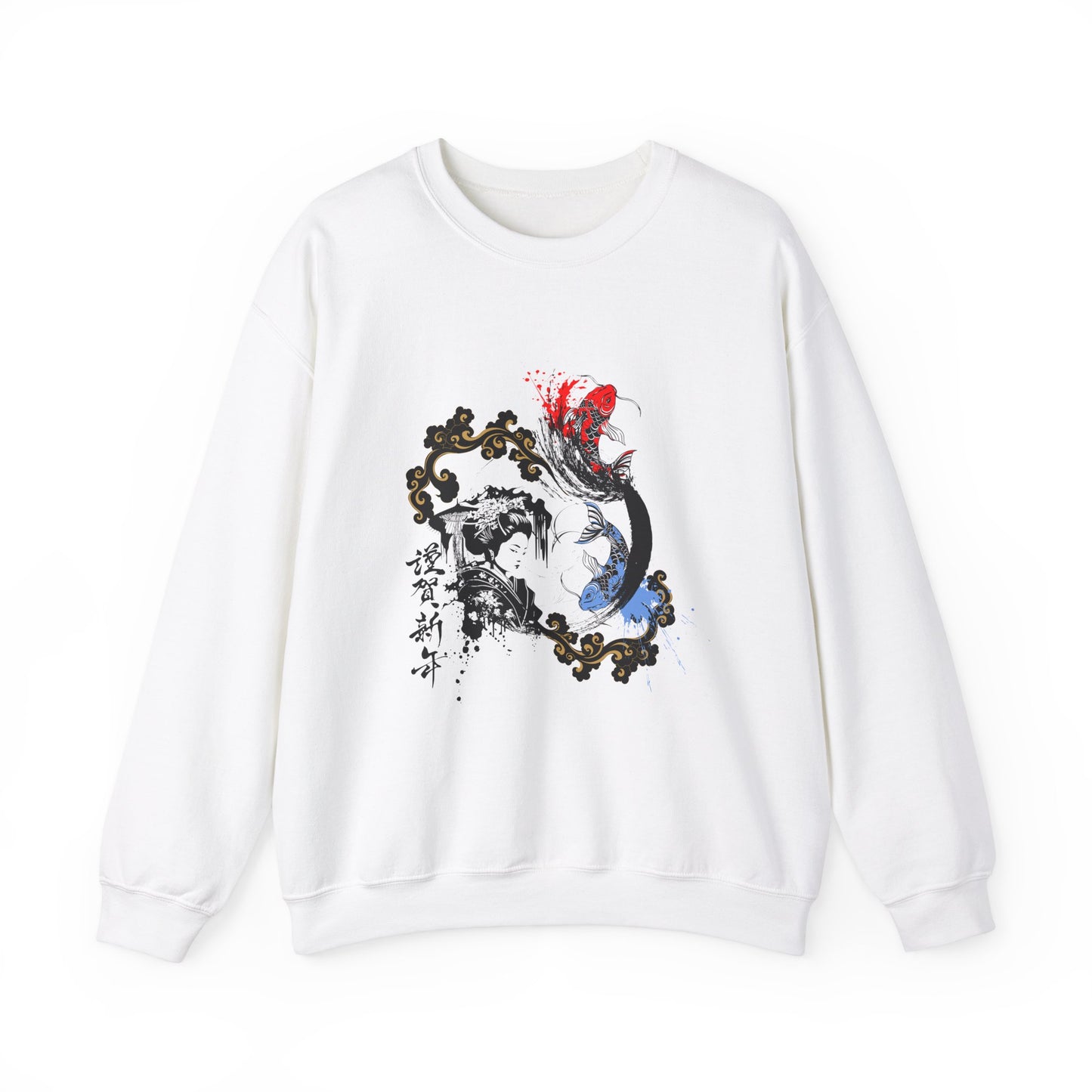 Japanese Ink Fusion: Striking Geisha and Koi Design - Unisex Crewneck Sweatshirt