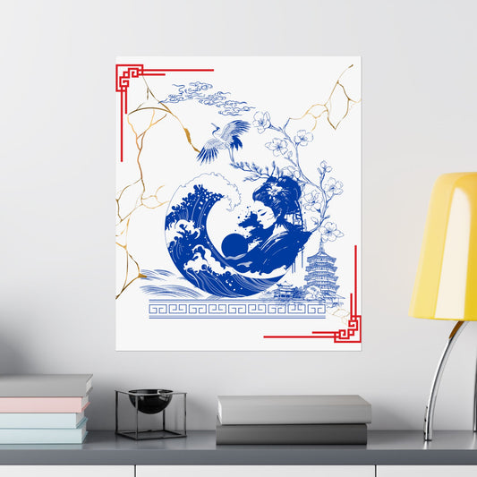 Custom Japanese Culture Wall Poster – Traditional Blue & White Ceramic Kintsugi Design