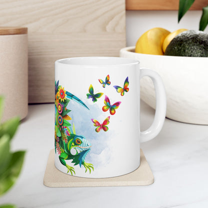 Vibrant Tropical Floral Ceramic Mug – Iguana & Macaw Construction Paper Art Style