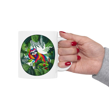 Sloth and Frog Tropical Vibes Ceramic Coffeemug – Unique Custom Mug