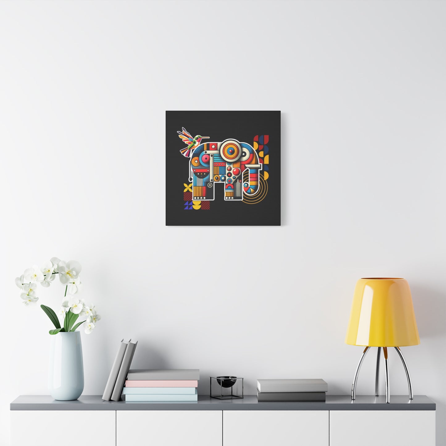 Canvas Art Print - Elephant and Hummingbird Bauhaus Style