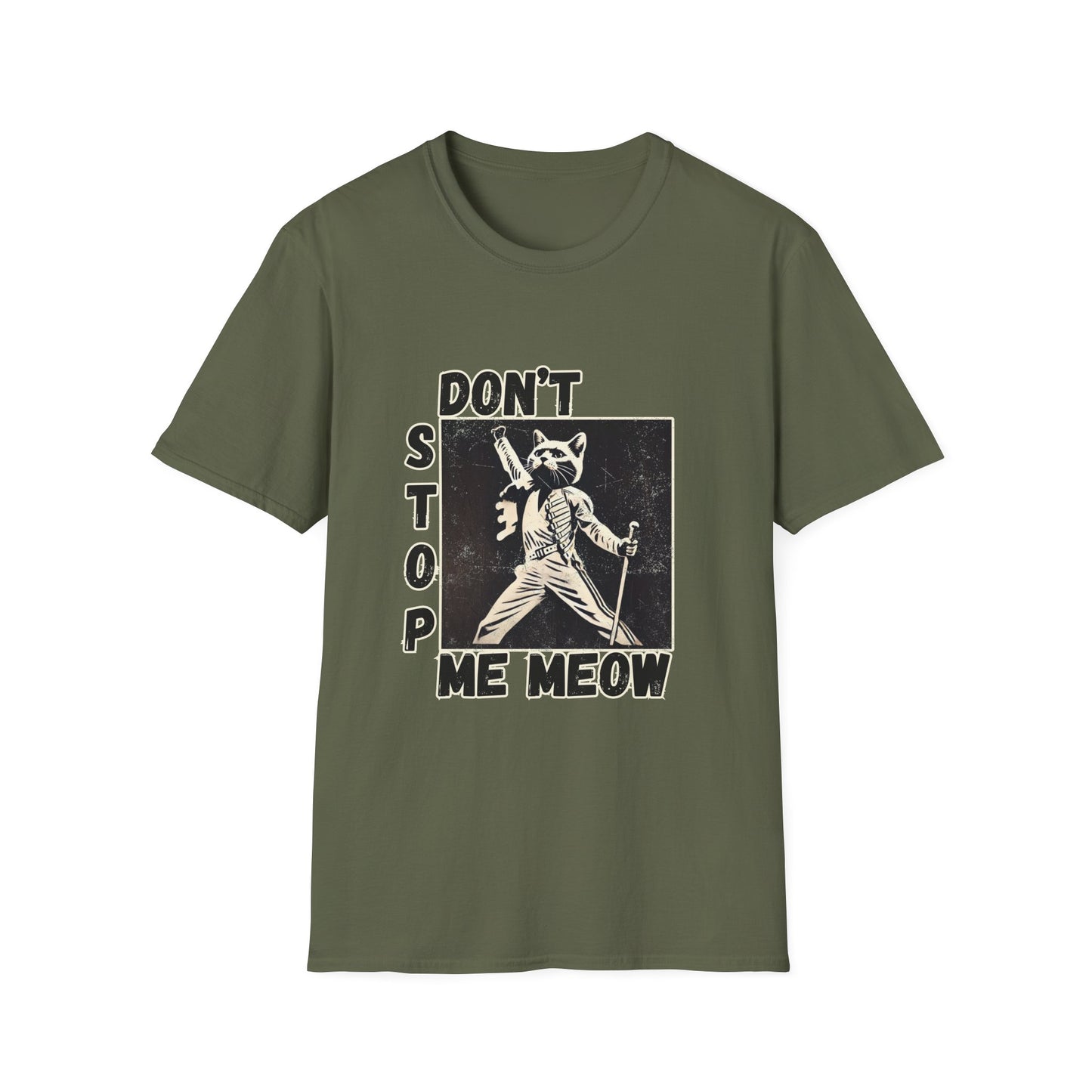 Funny Cat Rock-Inspired T-Shirt – "Don't Stop Me Meow" – Unisex Softstyle Tee for Cat Lovers