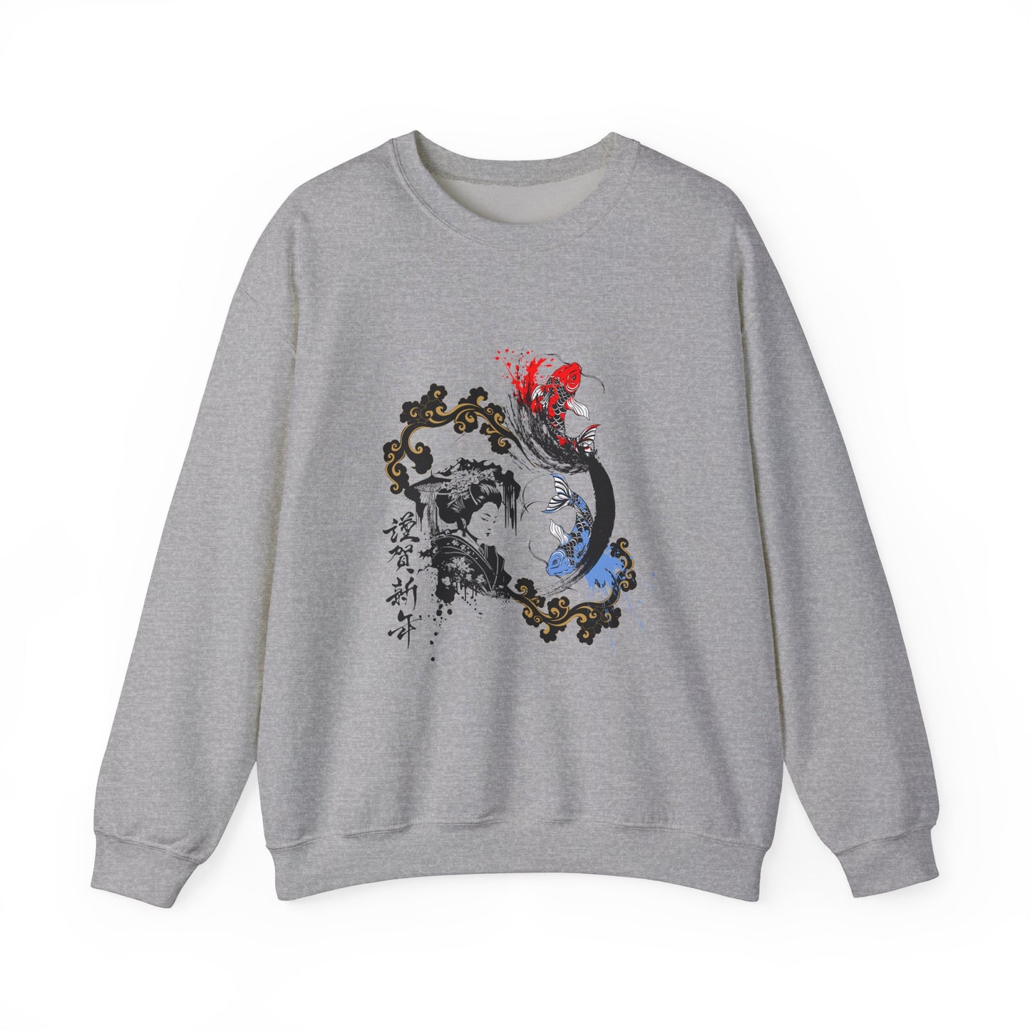 Japanese Ink Fusion: Striking Geisha and Koi Design - Unisex Crewneck Sweatshirt