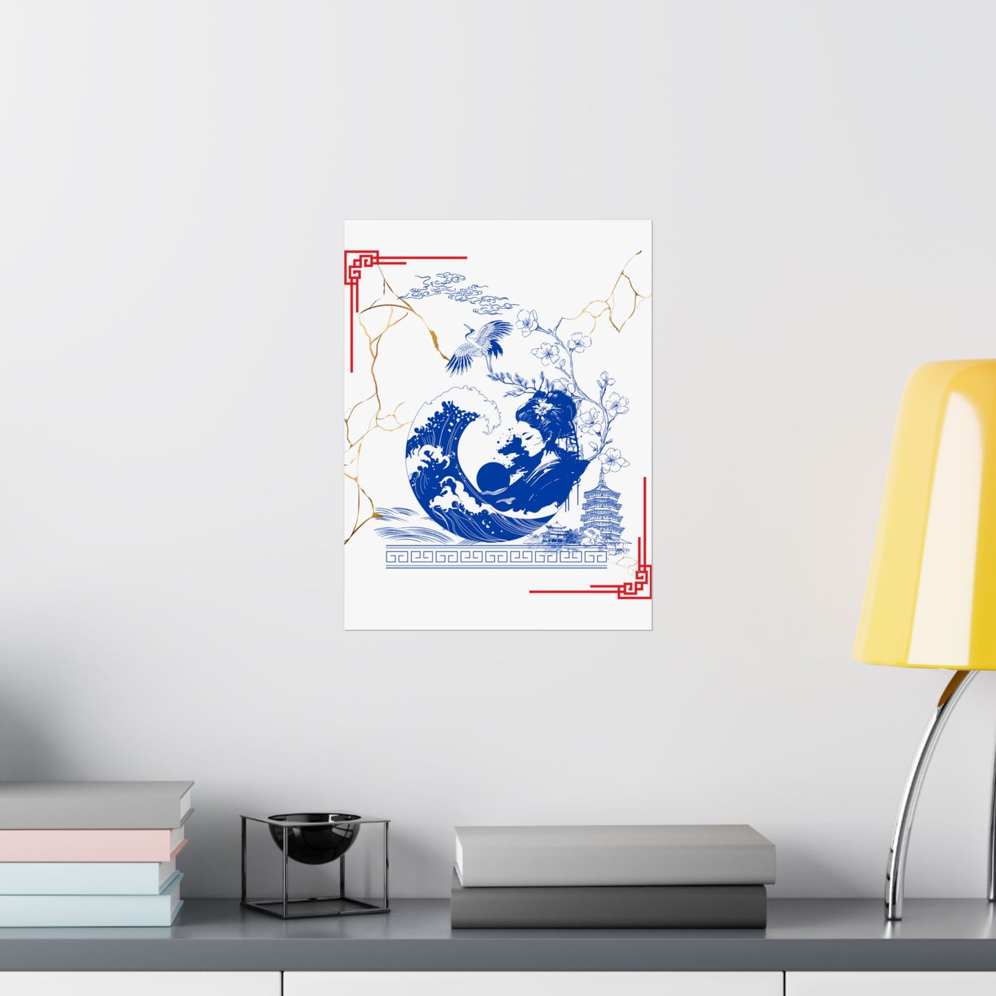 Custom Japanese Culture Wall Poster – Traditional Blue & White Ceramic Kintsugi Design