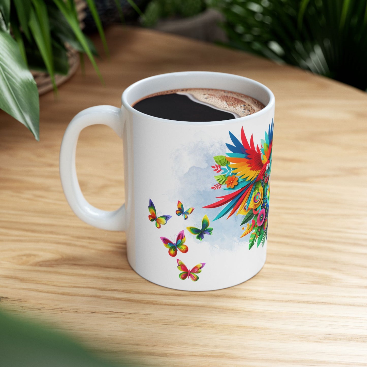 Vibrant Tropical Floral Ceramic Mug – Iguana & Macaw Construction Paper Art Style