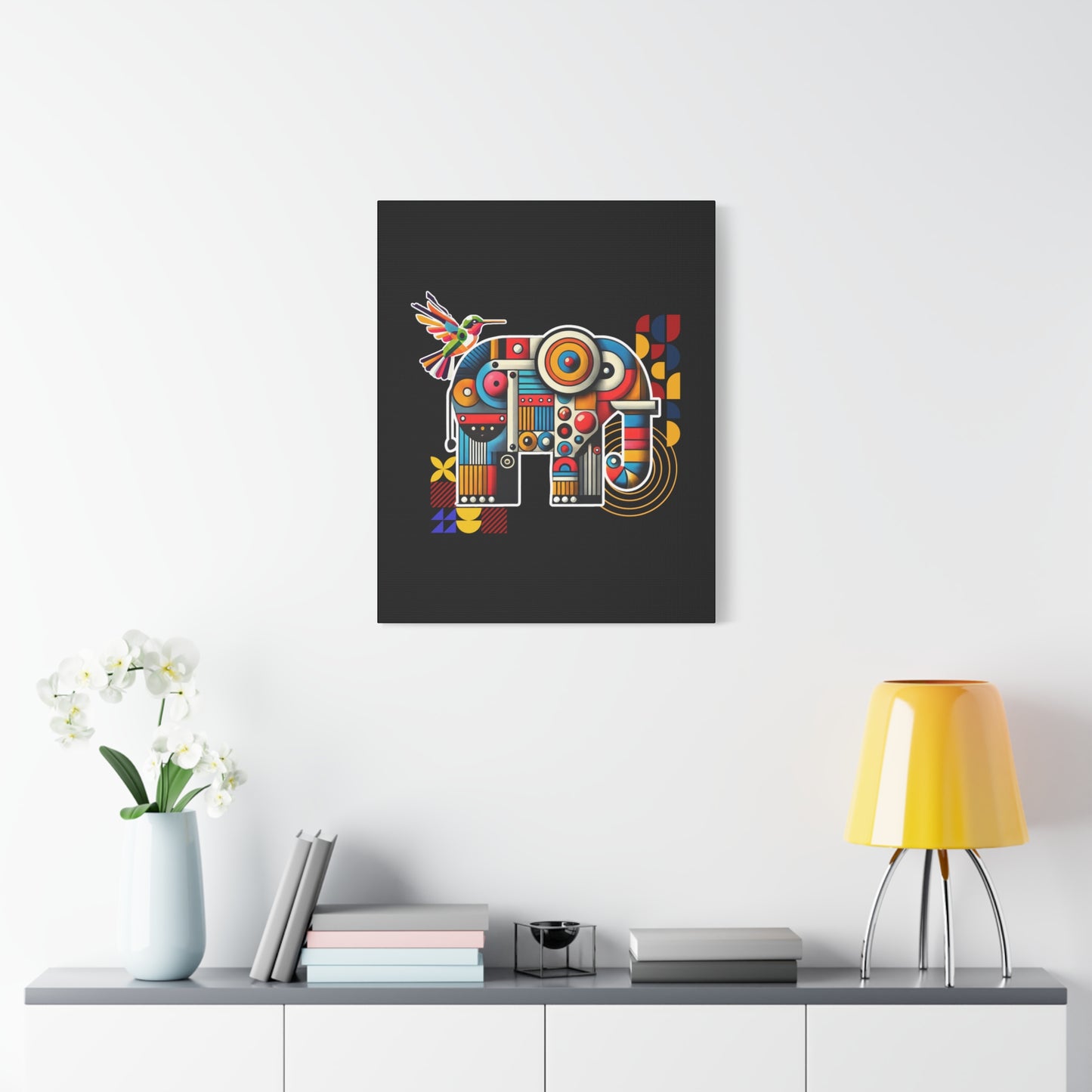 Canvas Art Print - Elephant and Hummingbird Bauhaus Style