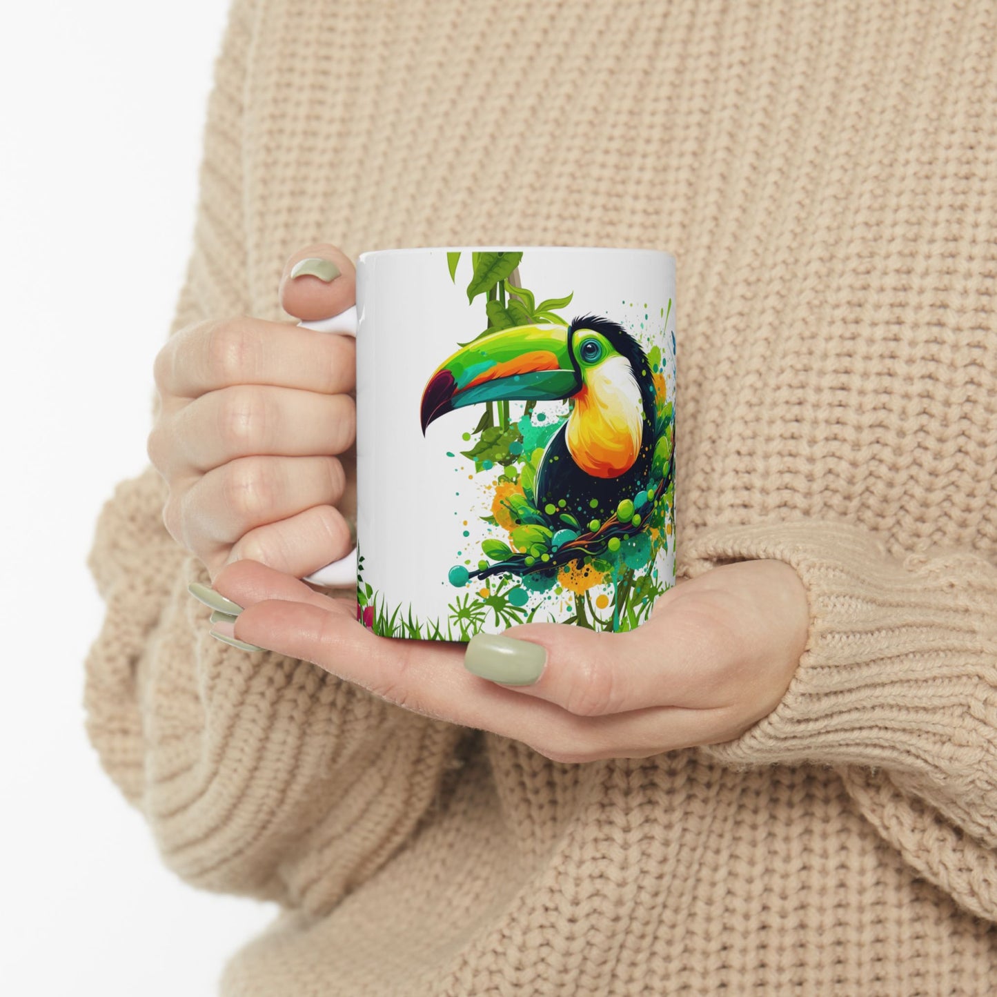 Tropical Nature Ceramic Mug – Vibrant Tropical Vibes with Colorful Toucan & Morpho Butterfly