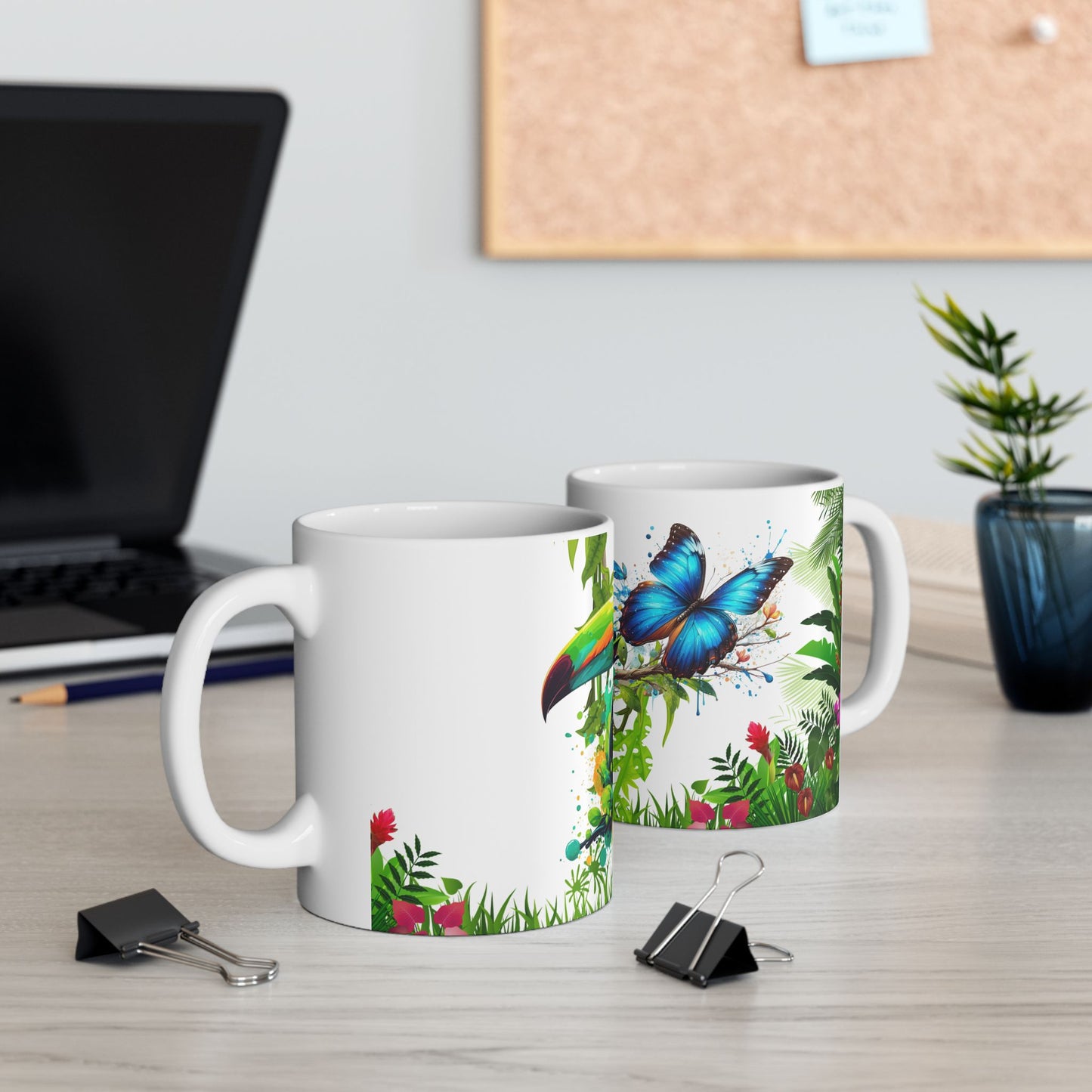 Tropical Nature Ceramic Mug – Vibrant Tropical Vibes with Colorful Toucan & Morpho Butterfly