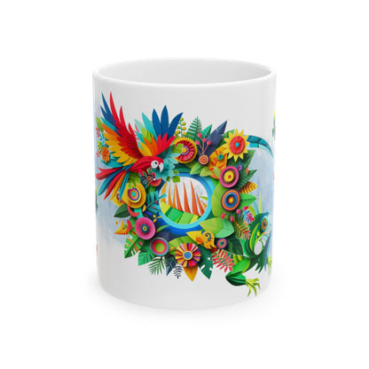 Vibrant Tropical Floral Ceramic Mug – Iguana & Macaw Construction Paper Art Style