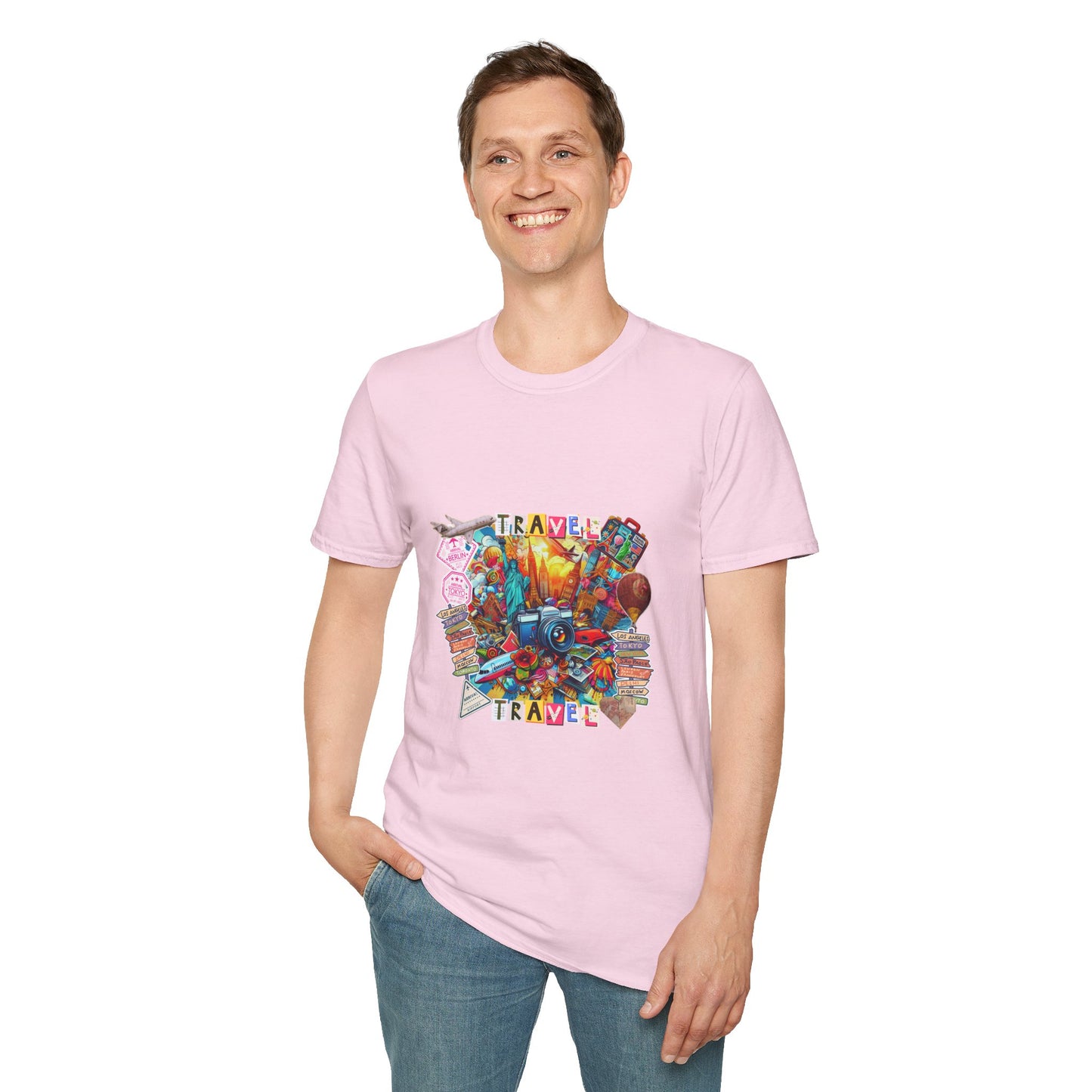 Travel Explosion Collage Unisex Softstyle T-Shirt - Adventure Awaits