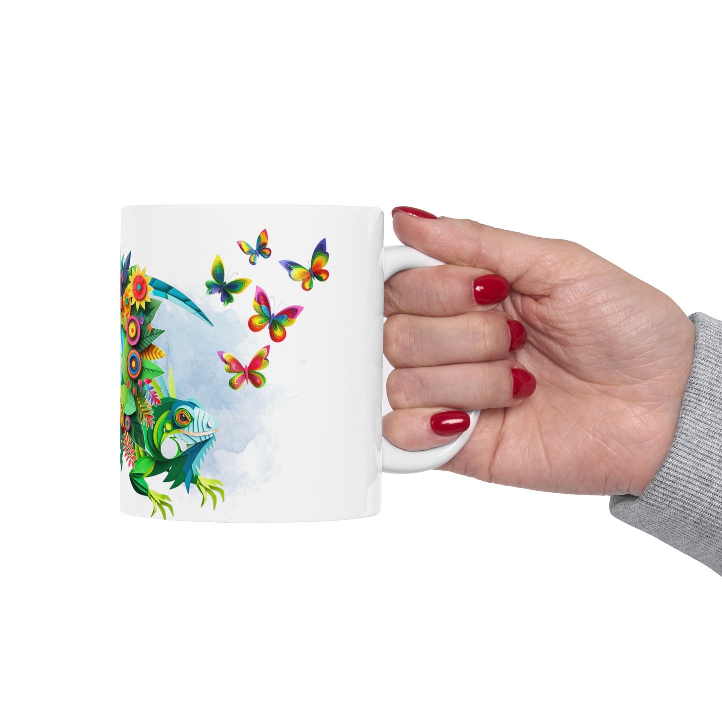 Vibrant Tropical Floral Ceramic Mug – Iguana & Macaw Construction Paper Art Style