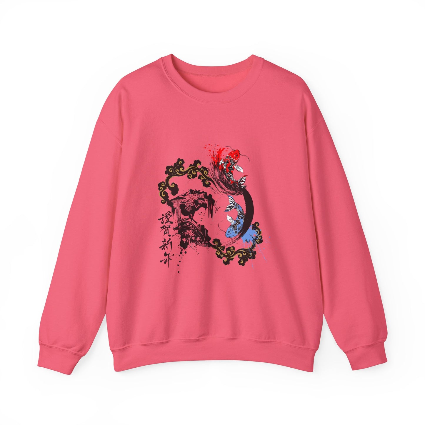 Japanese Ink Fusion: Striking Geisha and Koi Design - Unisex Crewneck Sweatshirt