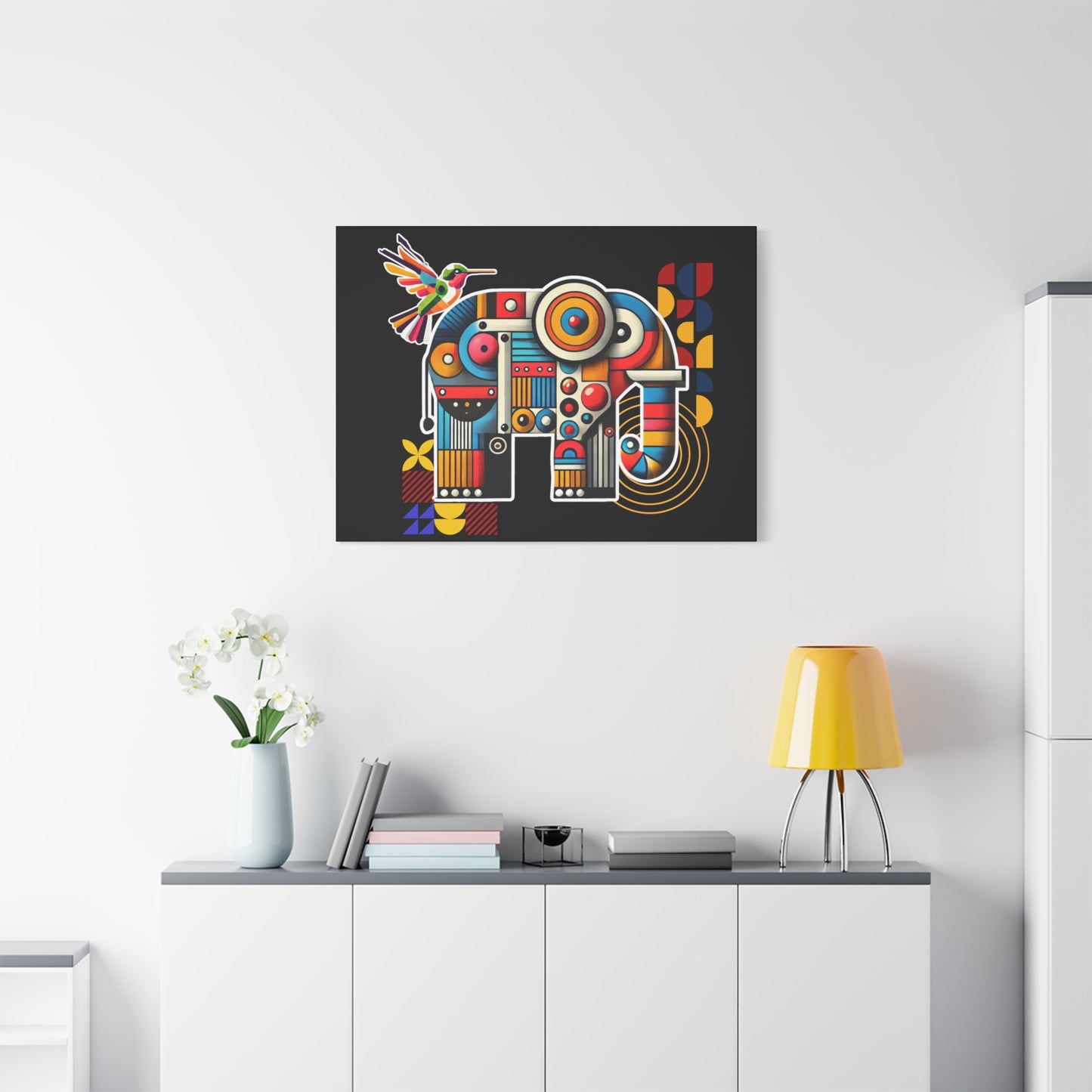 Canvas Art Print - Elephant and Hummingbird Bauhaus Style