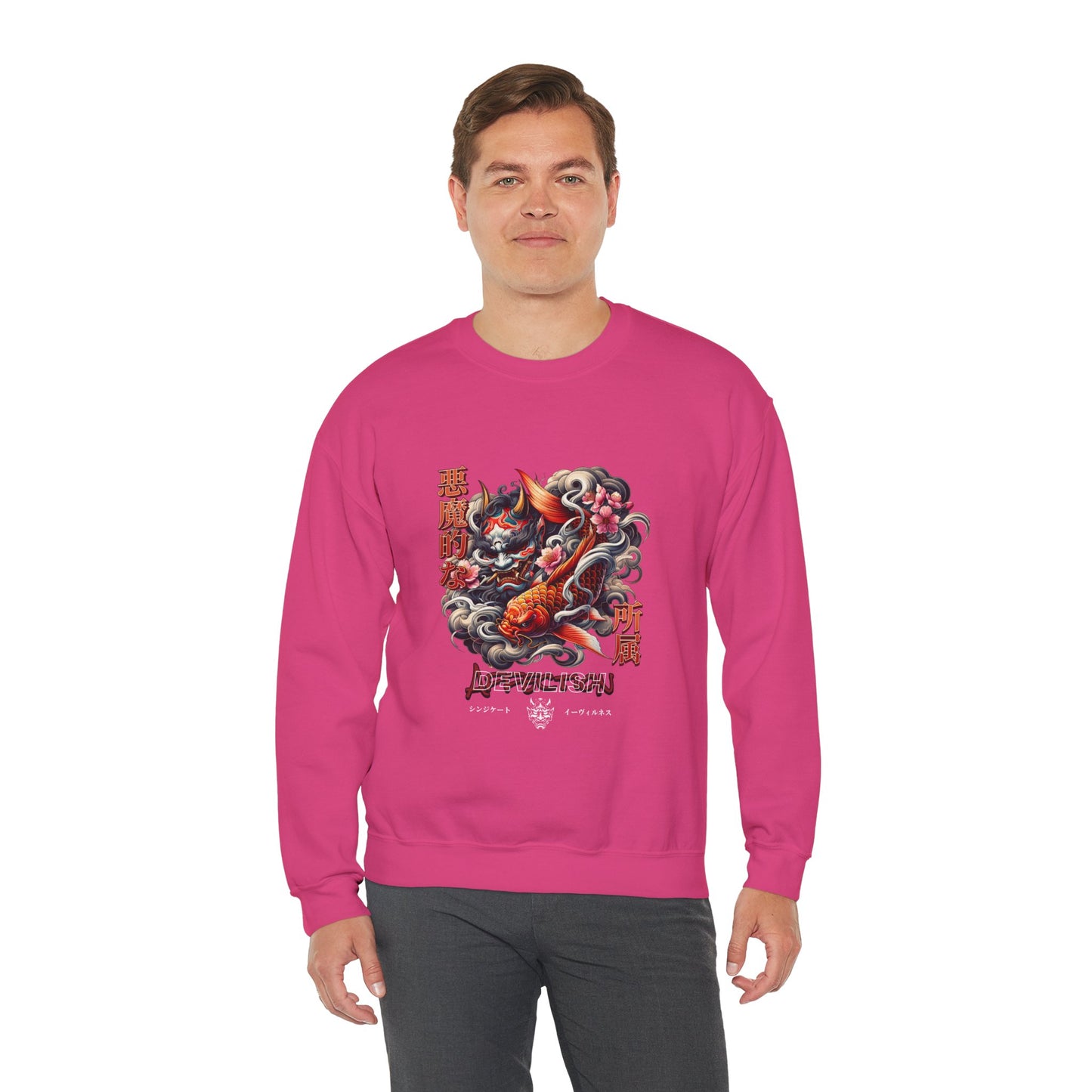 Urban Japanese Oni Mask & Koi Fish Graphic Unisex Crewneck Sweatshirt