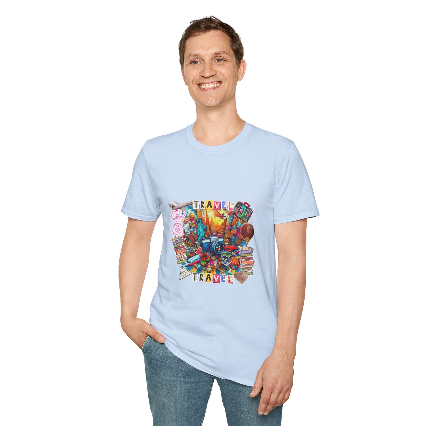 Travel Explosion Collage Unisex Softstyle T-Shirt - Adventure Awaits