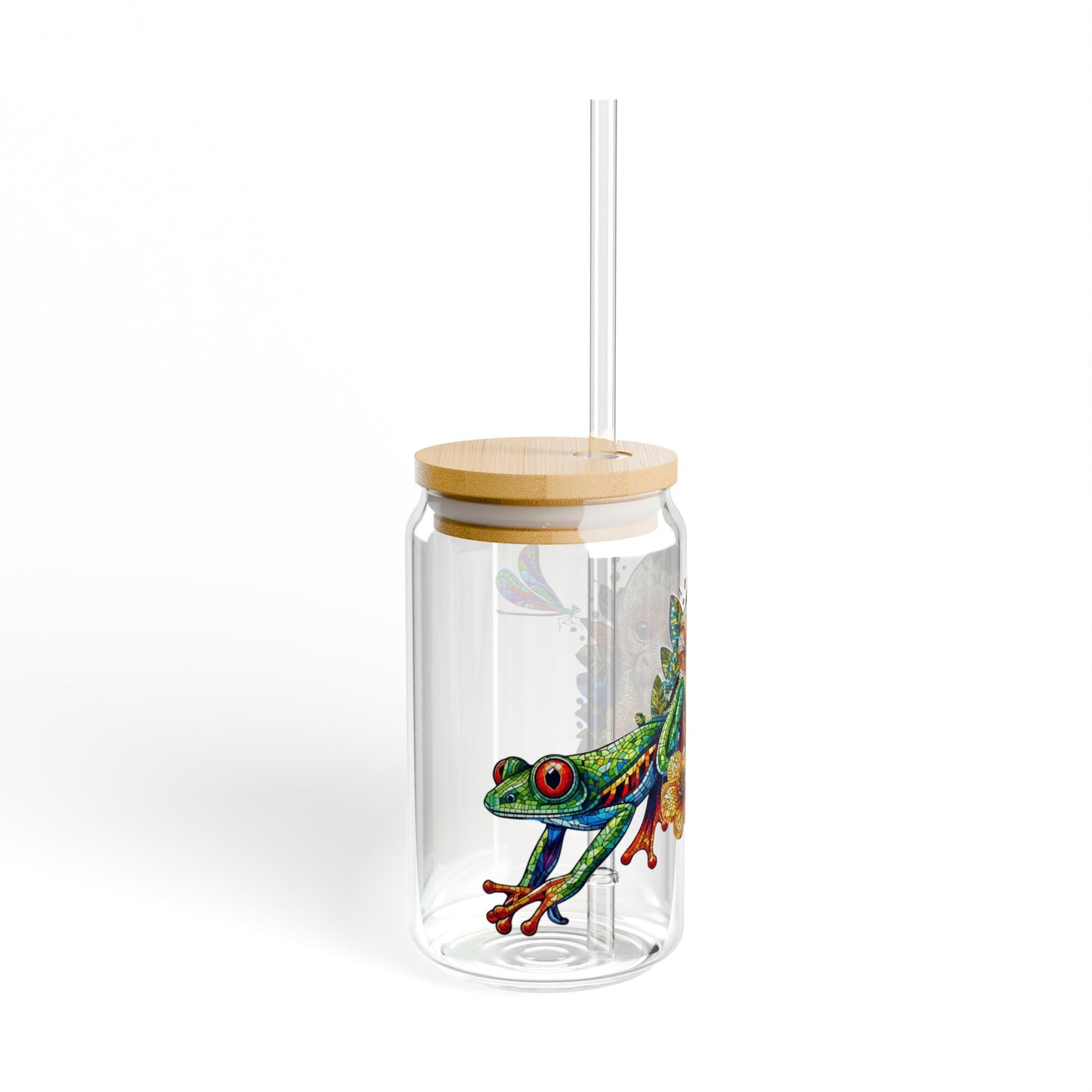 Custom Sipper Glass – Monkey and Frog Tropical Mosaic | 16oz Juice Bar & Smoothie Glass