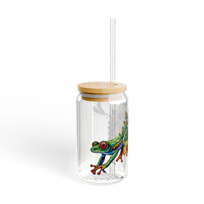 Custom Sipper Glass – Monkey and Frog Tropical Mosaic | 16oz Juice Bar & Smoothie Glass