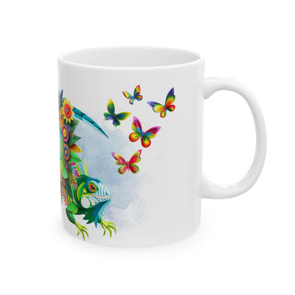 Vibrant Tropical Floral Ceramic Mug – Iguana & Macaw Construction Paper Art Style