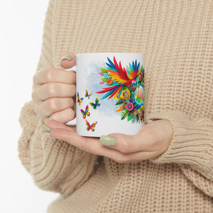 Vibrant Tropical Floral Ceramic Mug – Iguana & Macaw Construction Paper Art Style