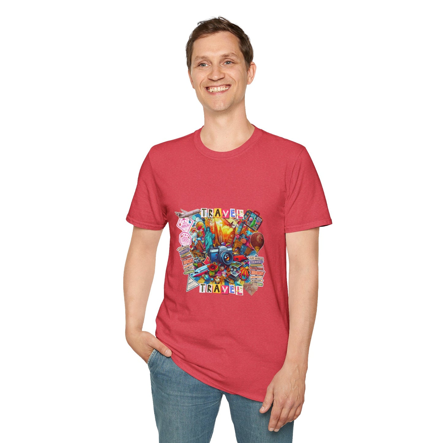 Travel Explosion Collage Unisex Softstyle T-Shirt - Adventure Awaits