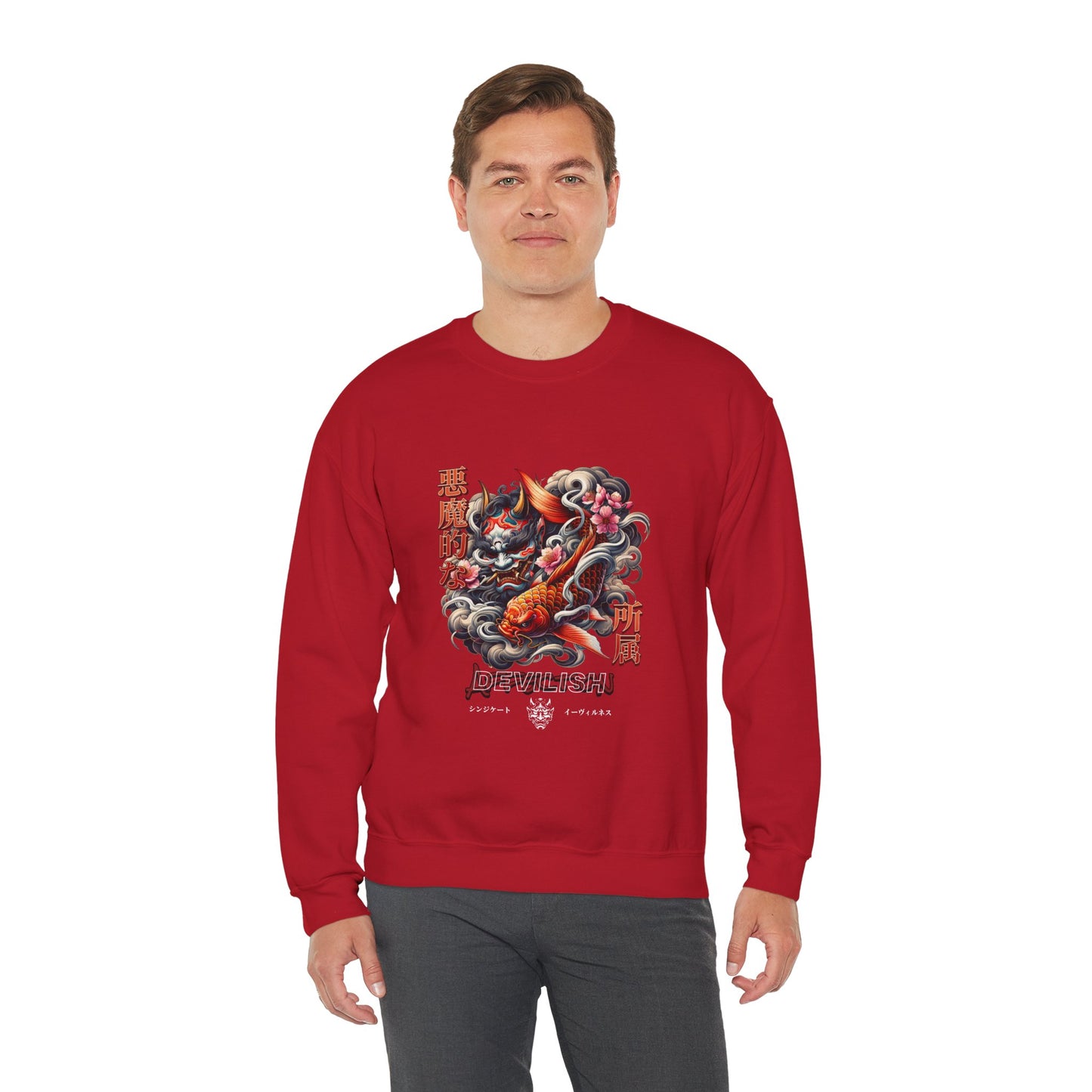 Urban Japanese Oni Mask & Koi Fish Graphic Unisex Crewneck Sweatshirt