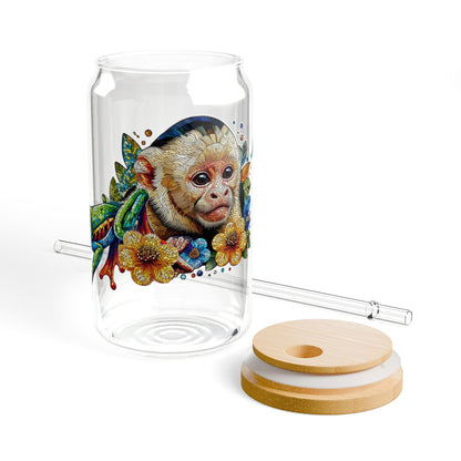 Custom Sipper Glass – Monkey and Frog Tropical Mosaic | 16oz Juice Bar & Smoothie Glass