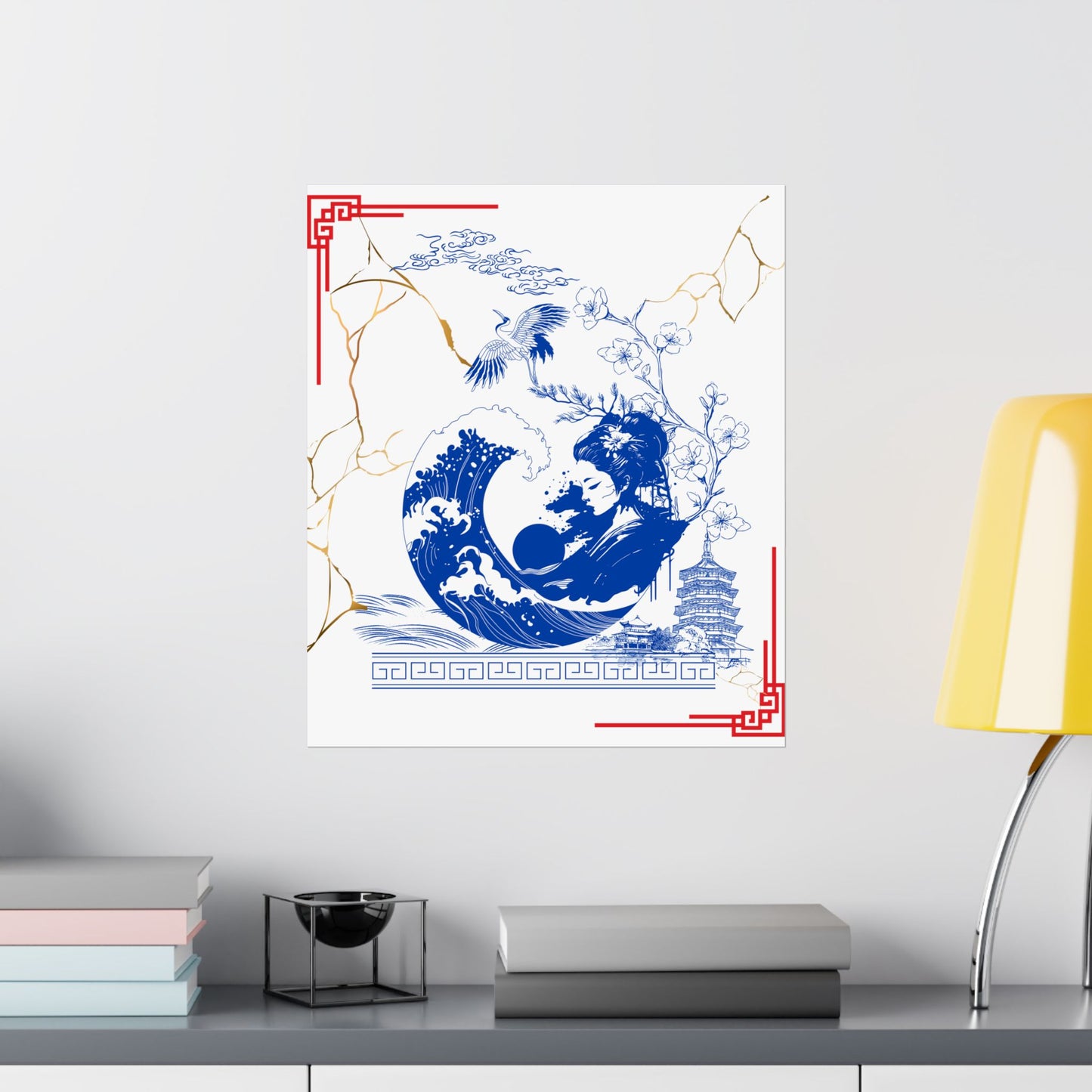 Custom Japanese Culture Wall Poster – Traditional Blue & White Ceramic Kintsugi Design