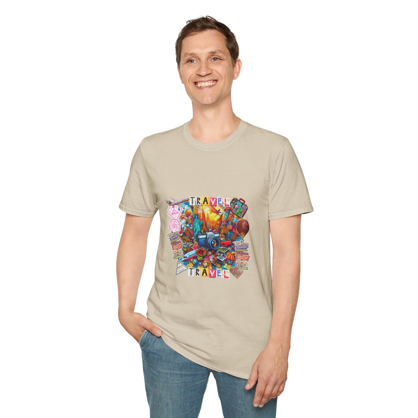 Travel Explosion Collage Unisex Softstyle T-Shirt - Adventure Awaits