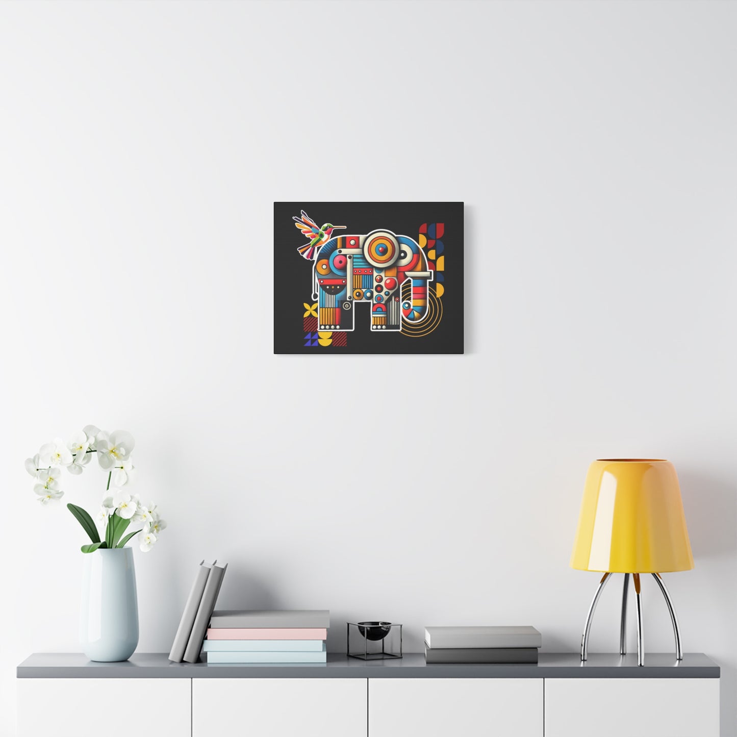 Canvas Art Print - Elephant and Hummingbird Bauhaus Style