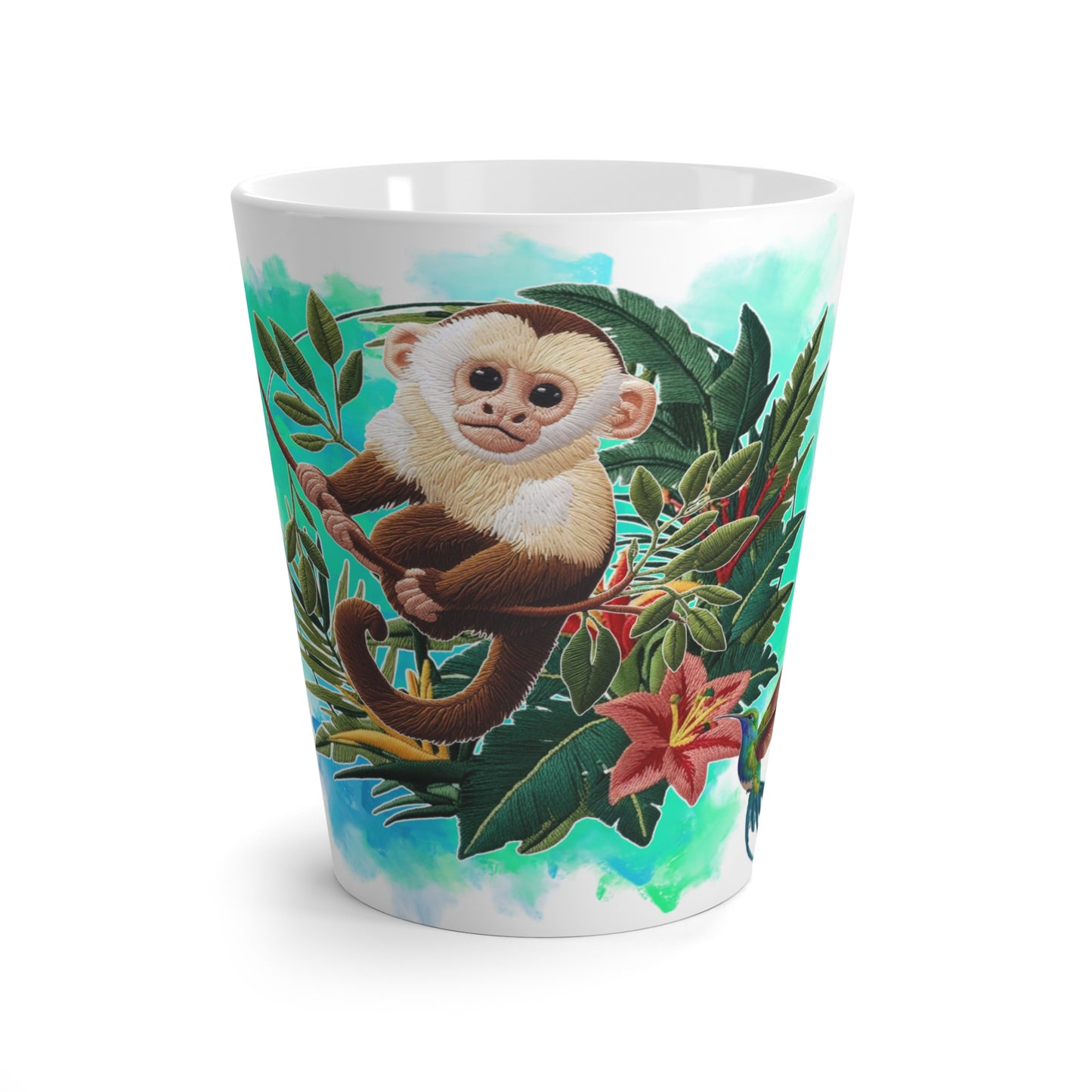 Cute Embroidered Monkey & Hummingbird Latte Mug – Tropical Vibes