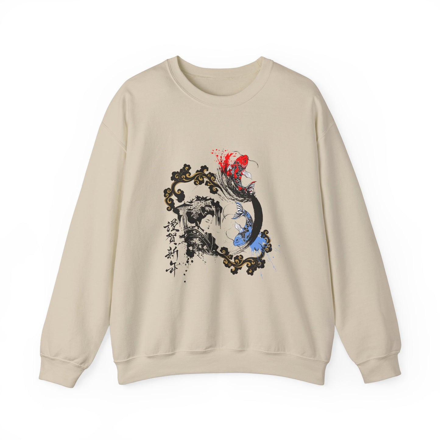 Japanese Ink Fusion: Striking Geisha and Koi Design - Unisex Crewneck Sweatshirt