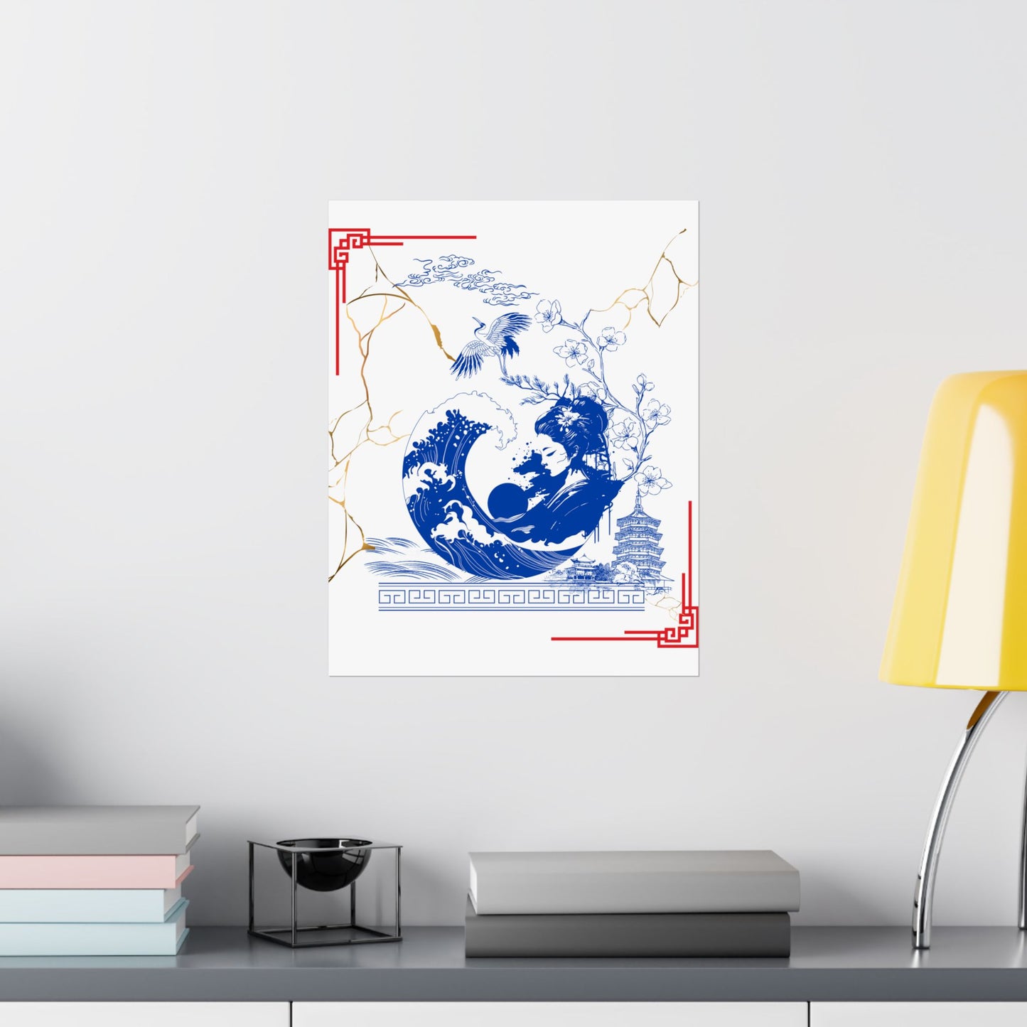 Custom Japanese Culture Wall Poster – Traditional Blue & White Ceramic Kintsugi Design