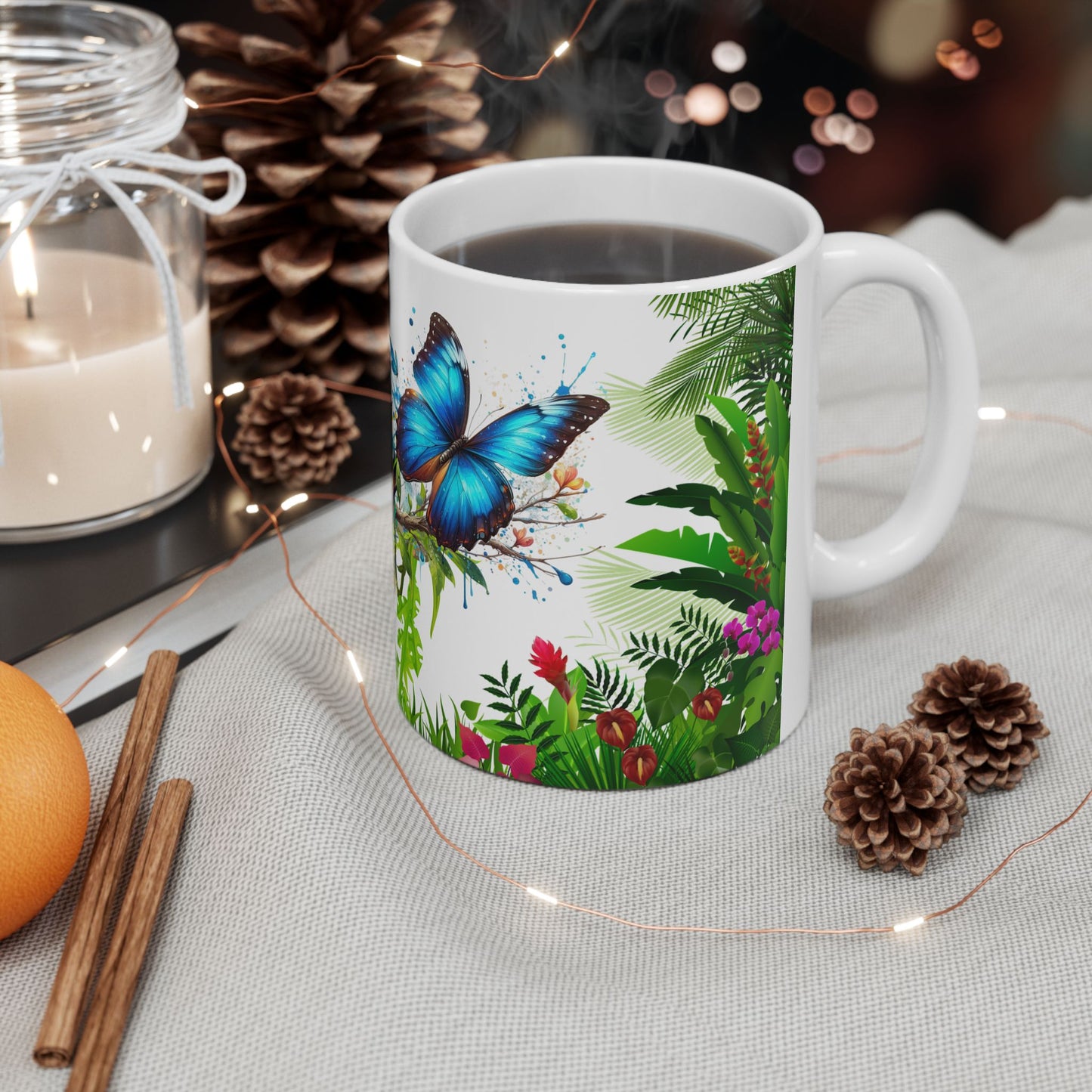 Tropical Nature Ceramic Mug – Vibrant Tropical Vibes with Colorful Toucan & Morpho Butterfly