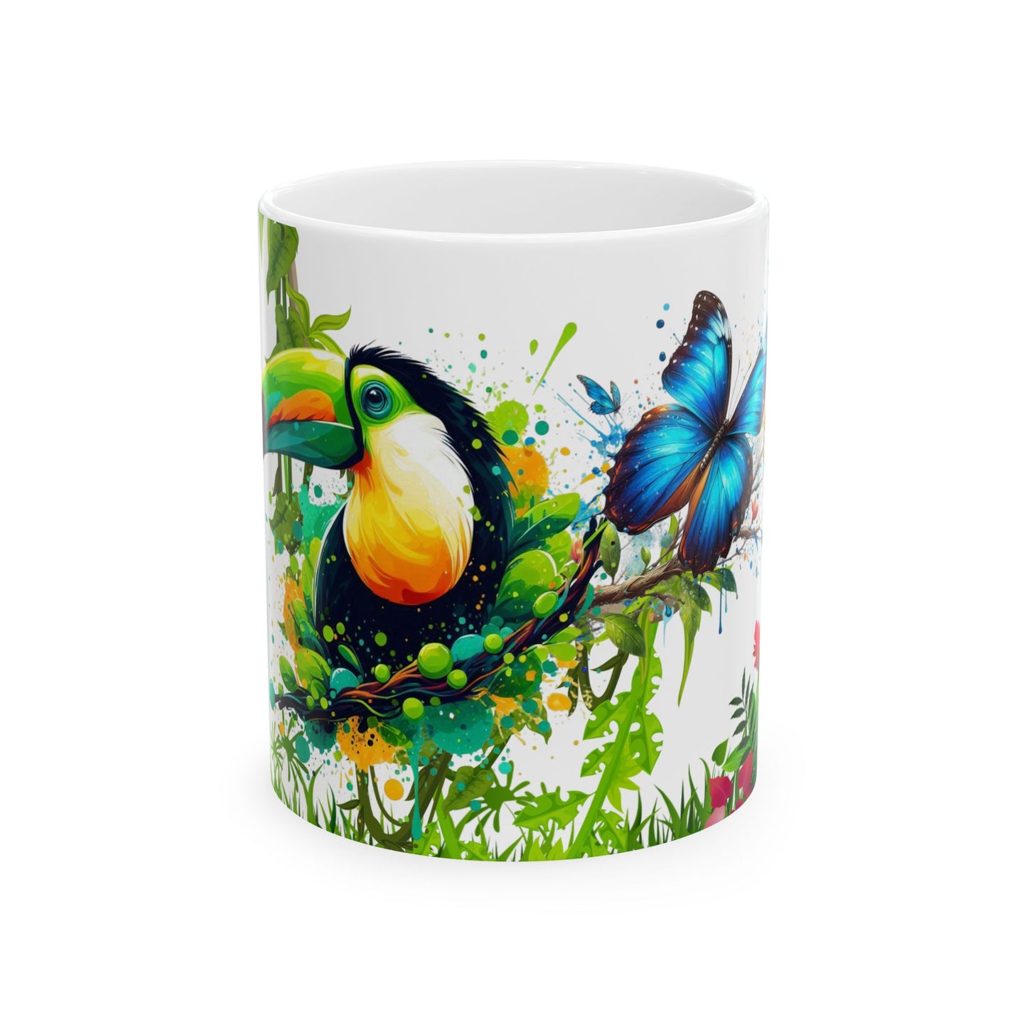 Tropical Nature Ceramic Mug – Vibrant Tropical Vibes with Colorful Toucan & Morpho Butterfly