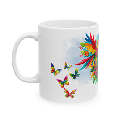 Vibrant Tropical Floral Ceramic Mug – Iguana & Macaw Construction Paper Art Style