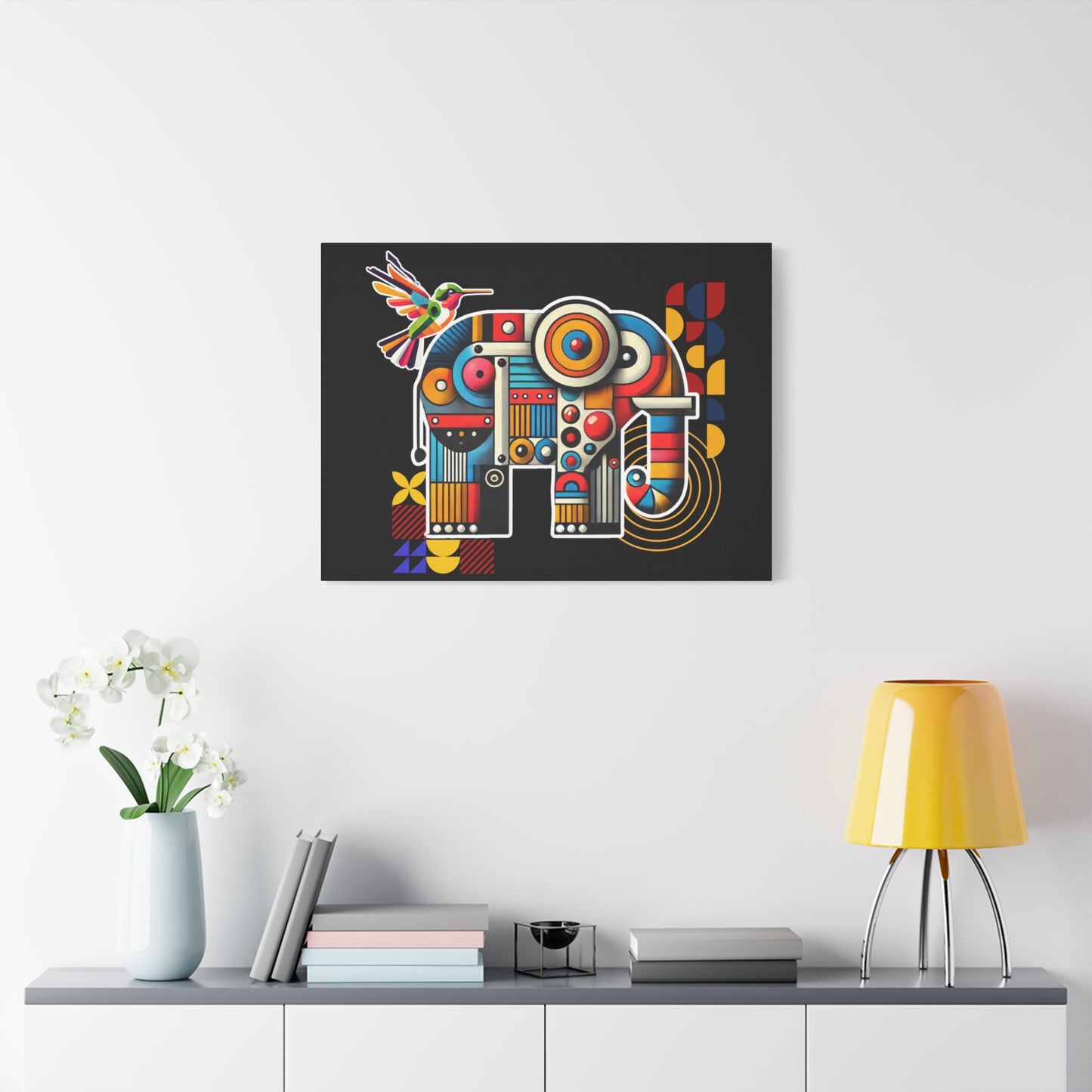 Canvas Art Print - Elephant and Hummingbird Bauhaus Style