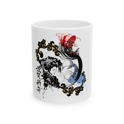 Japanese Ink Masterpiece: Geisha & Koi Fish Ceramic Mug (11oz, 15oz) - Embracing japanese culture and tradition