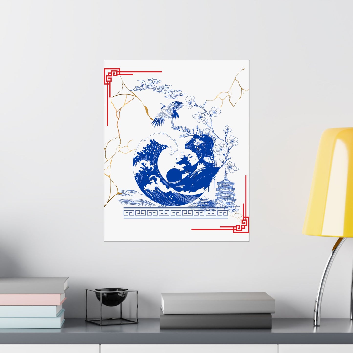 Custom Japanese Culture Wall Poster – Traditional Blue & White Ceramic Kintsugi Design